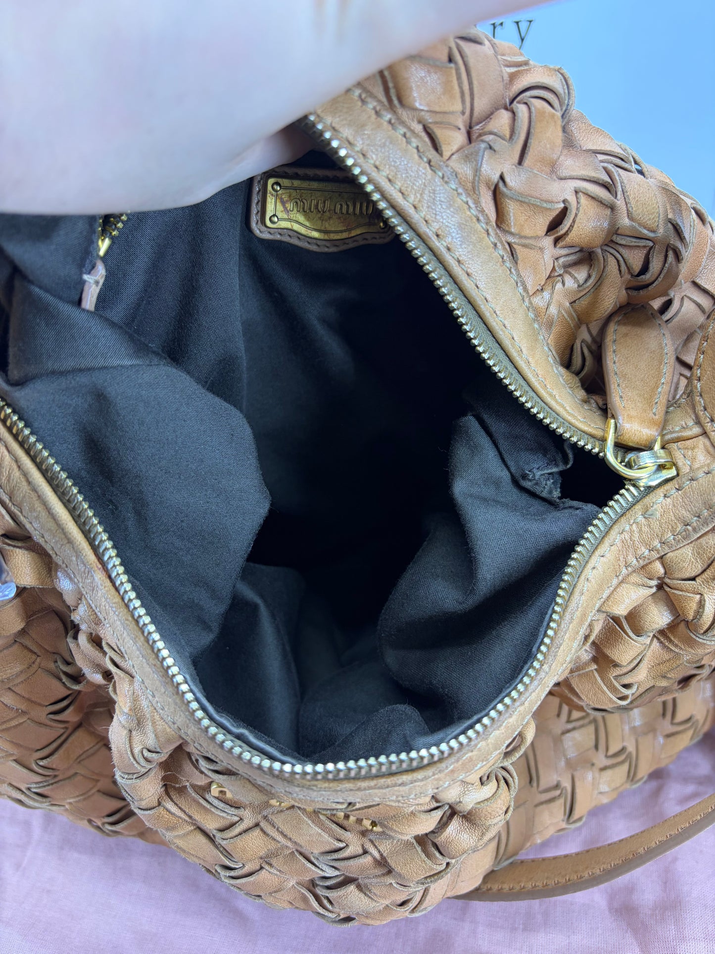 Miu Miu Woven Leather Fringe Hobo Bag