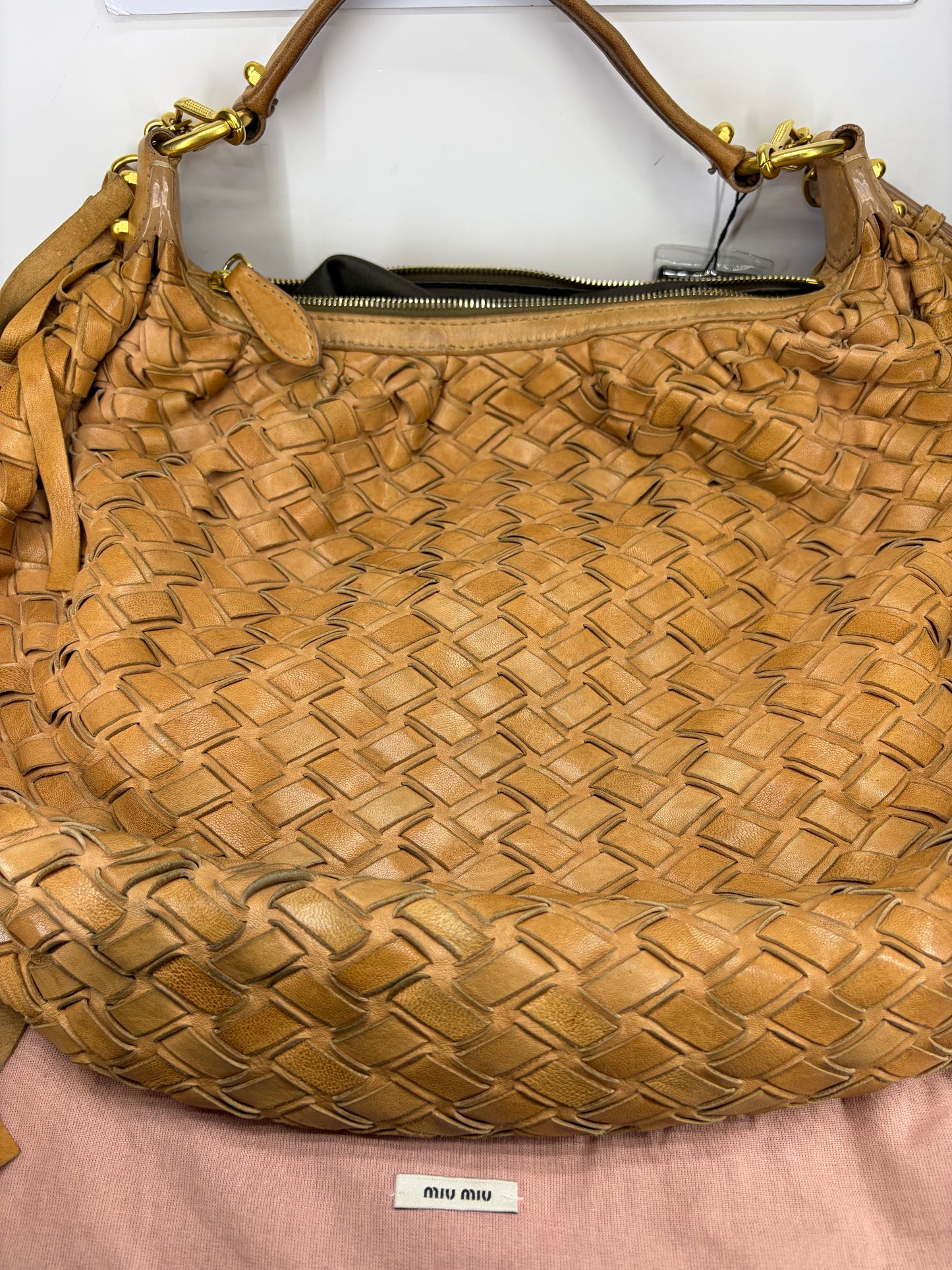 Miu Miu Woven Leather Fringe Hobo Bag