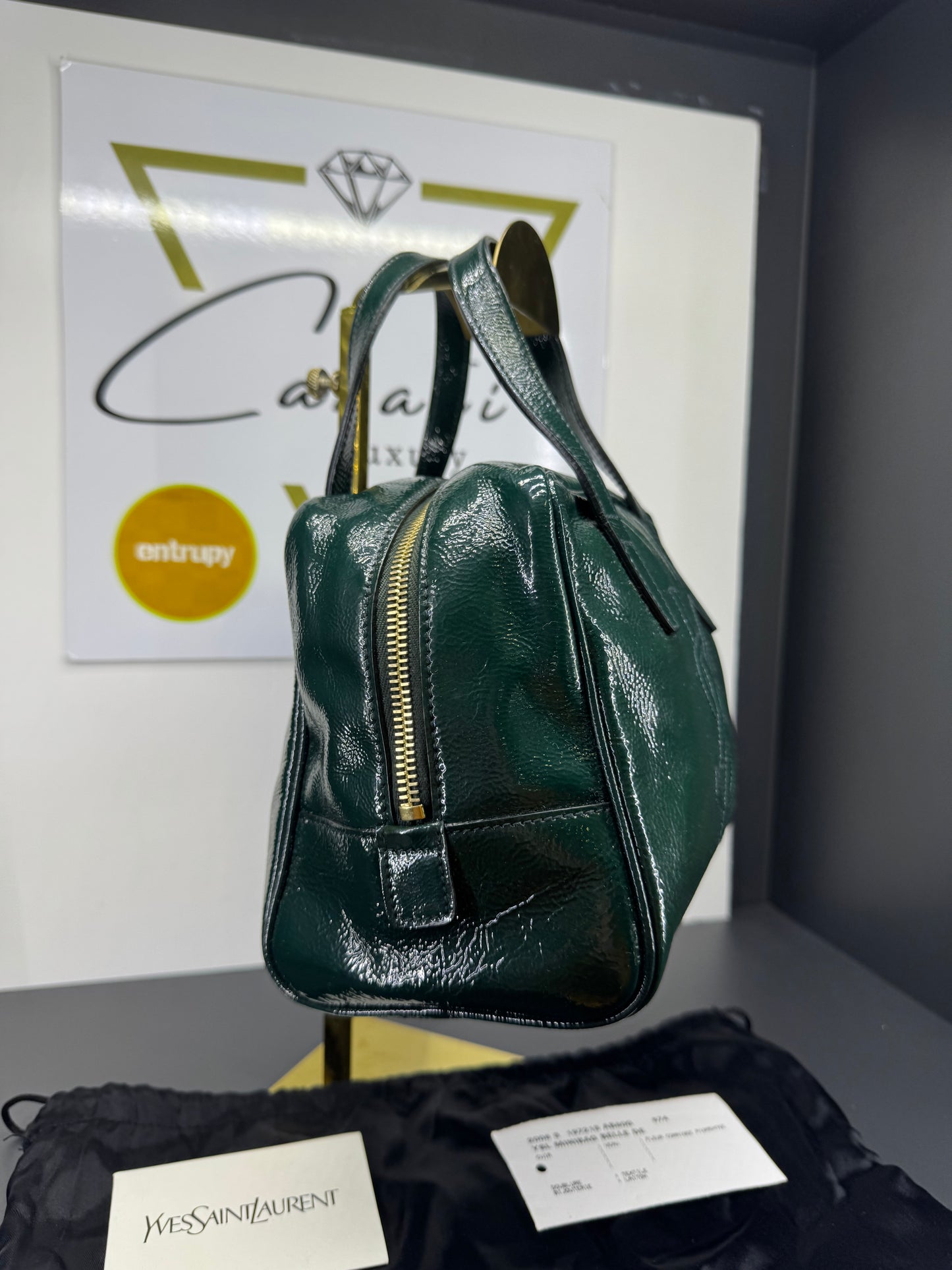 Saint Laurent borsa a mano in vernice verde con logo YSL