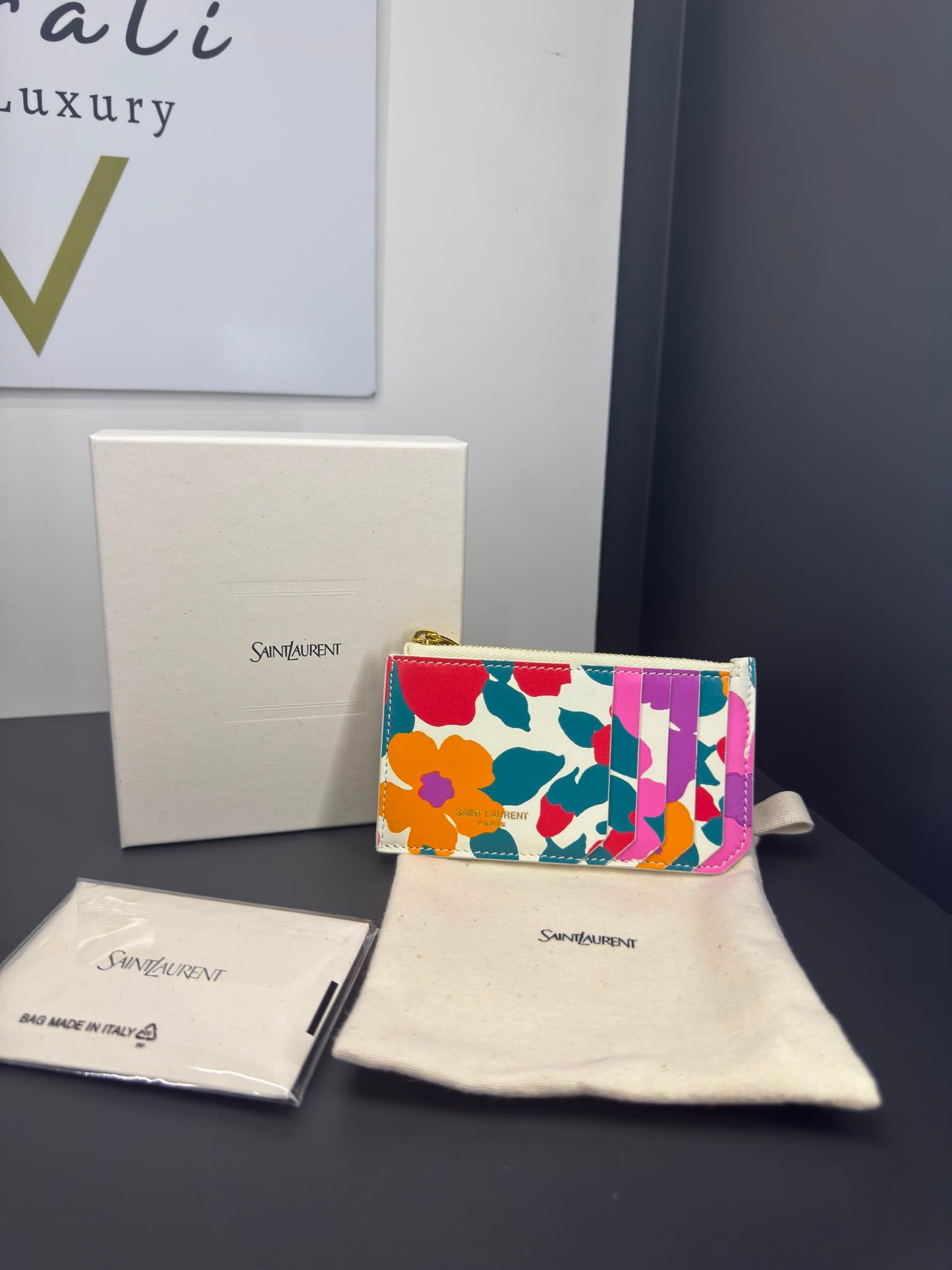 Saint Laurent in pelle con stampa floreale multicolor portacarte Fragments con zip