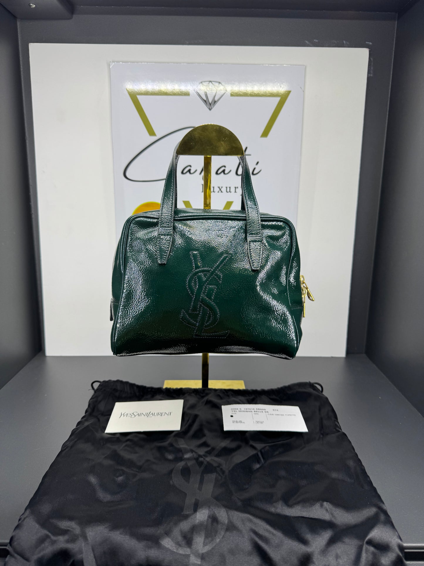 Saint Laurent borsa a mano in vernice verde con logo YSL