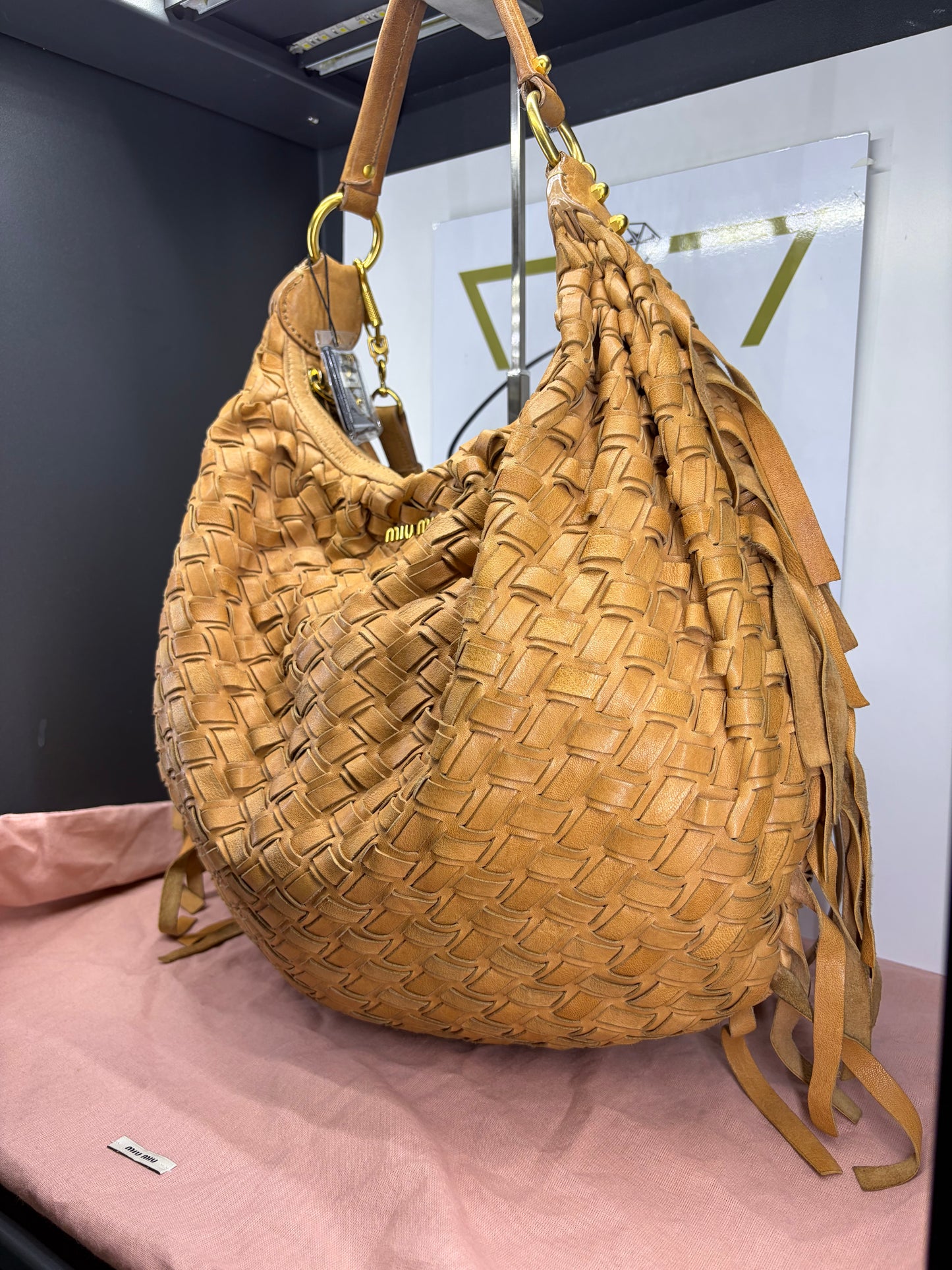 Miu Miu Woven Leather Fringe Hobo Bag