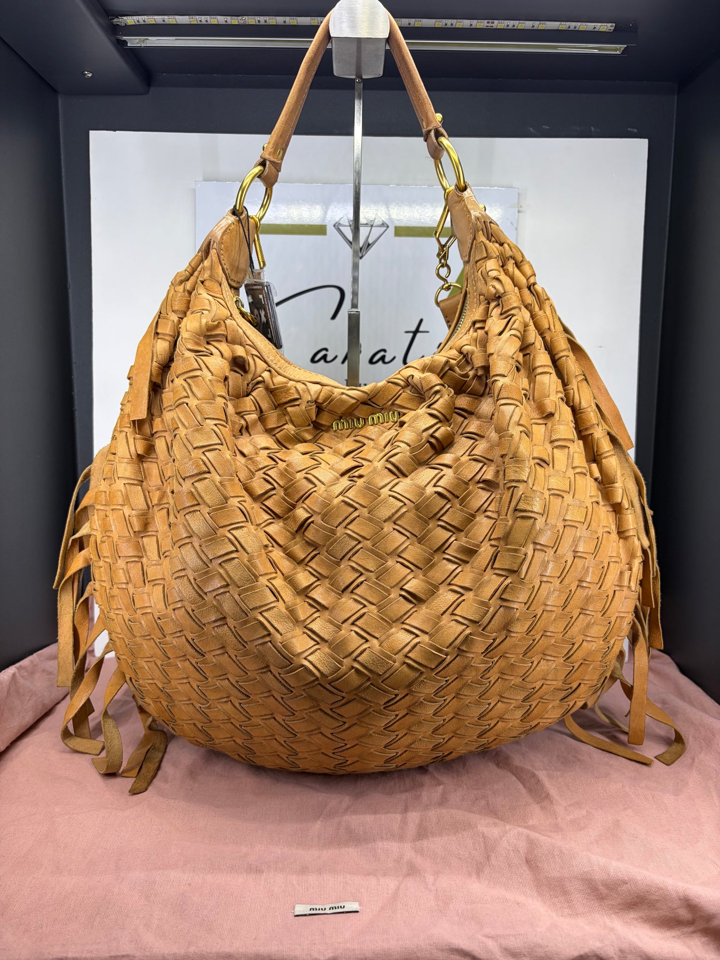 Miu Miu Woven Leather Fringe Hobo Bag