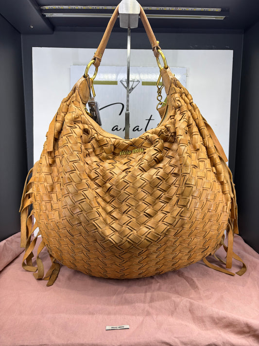 Miu Miu Woven Leather Fringe Hobo Bag