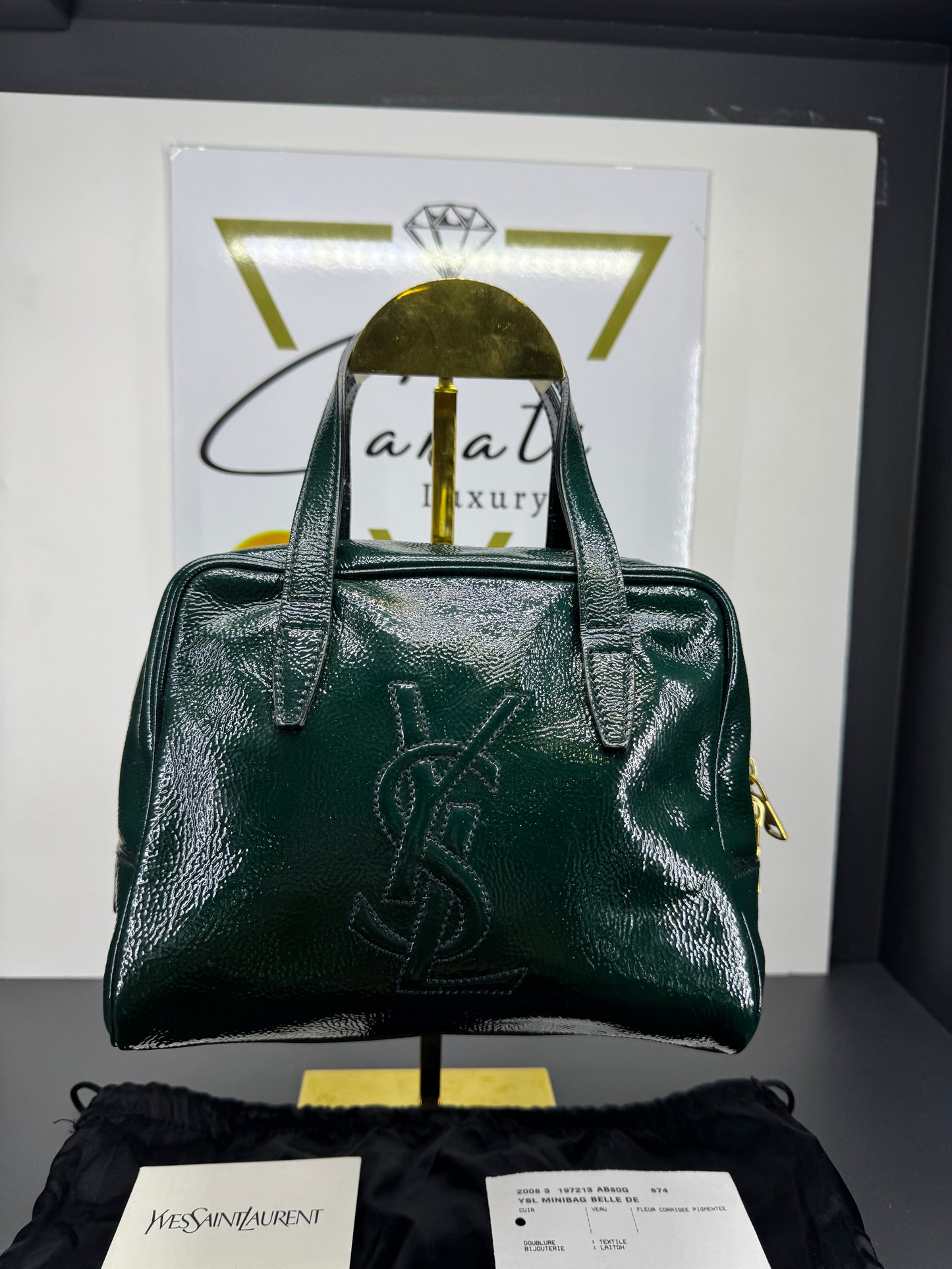 Saint Laurent borsa a mano in vernice verde con logo YSL