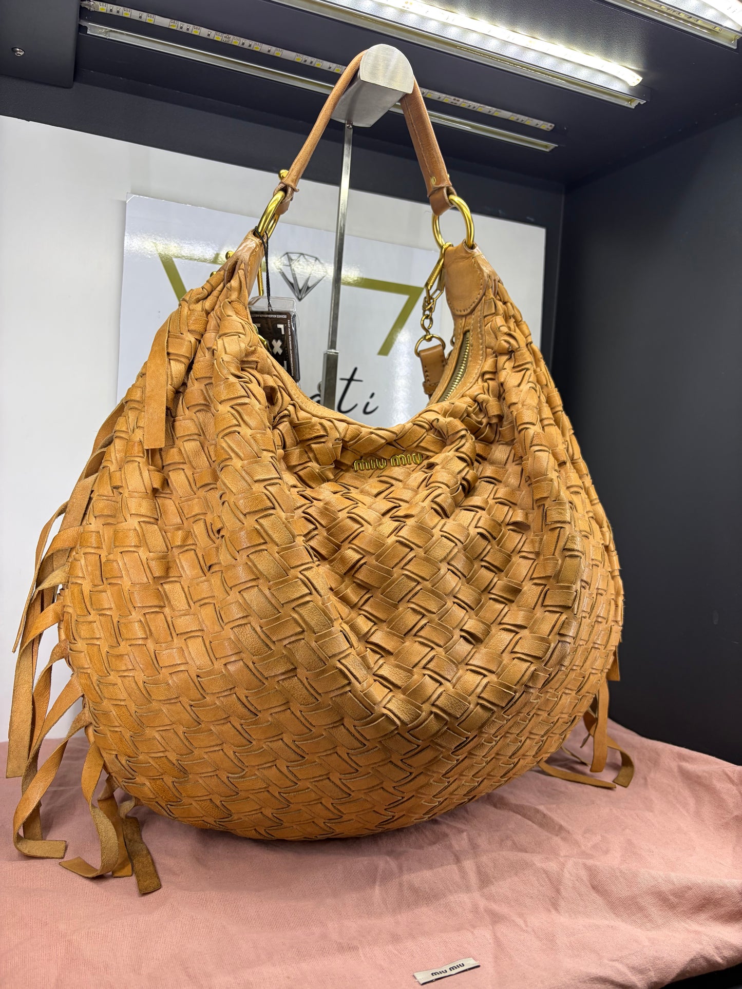 Miu Miu Woven Leather Fringe Hobo Bag